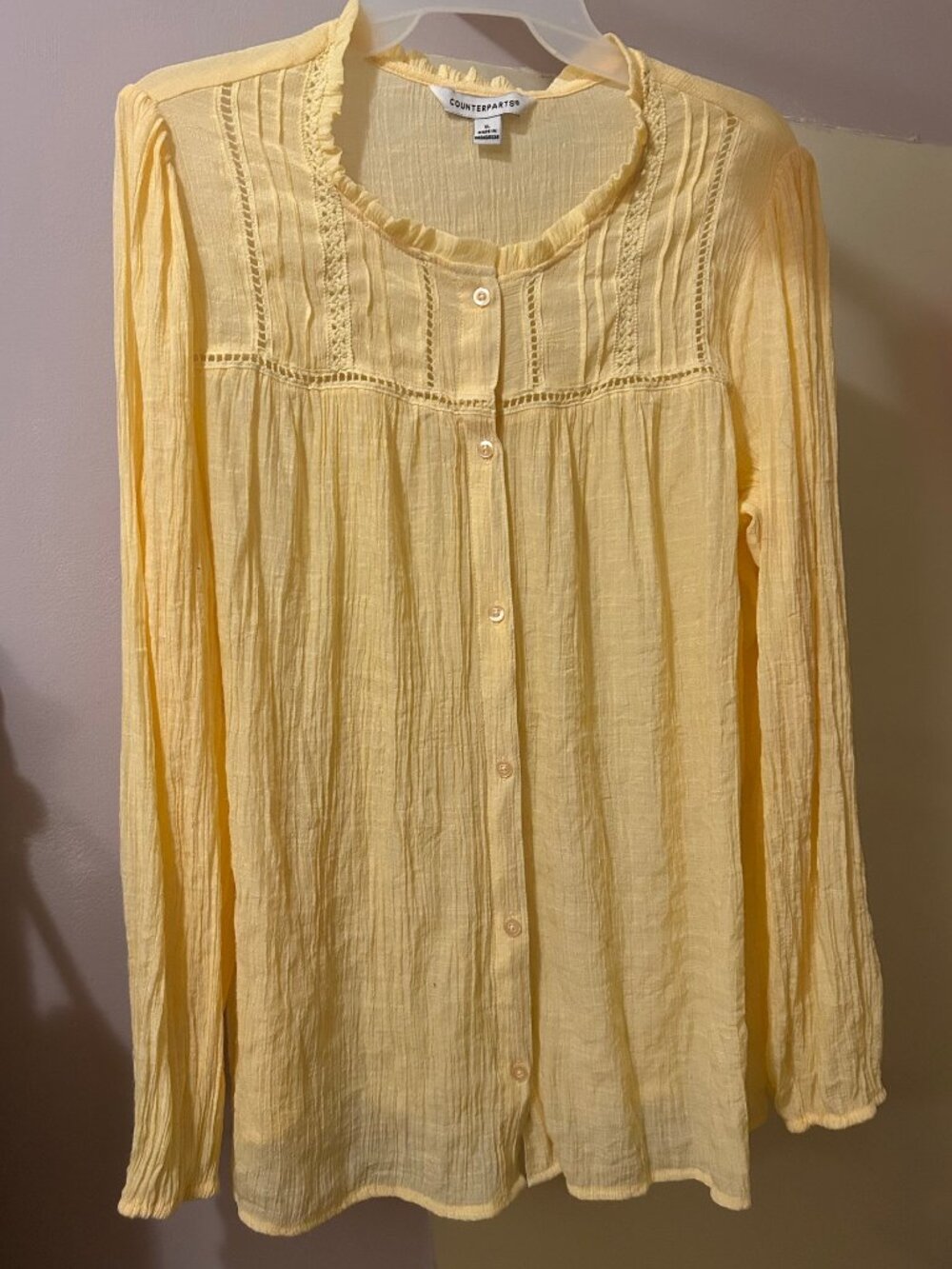 Gauzy Rayon COUNTERPARTS Yellow Blouse, Size XL, Pretty and Flowy Boho-Style